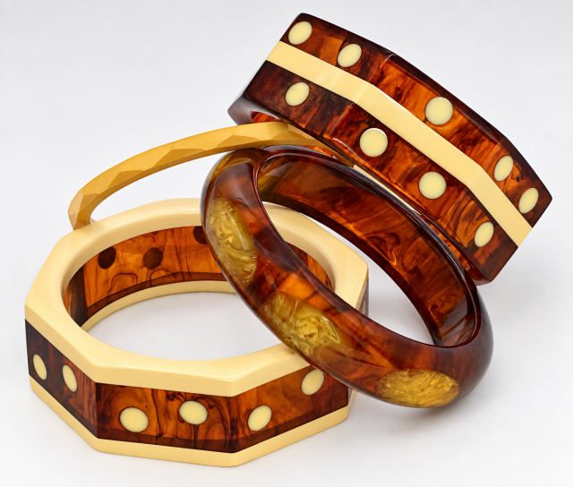 SZ22 Two Shultz octagon bangles in laminated custard and tortoise bakelite with custard dots